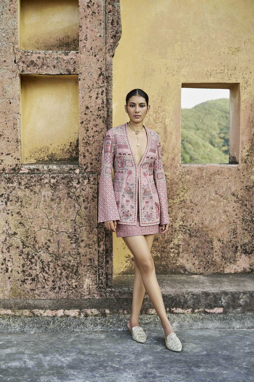 Ballad Of Birds SEWA Hand-embroidered Silk Skirt Set - Old Rose, Old Rose, image 1