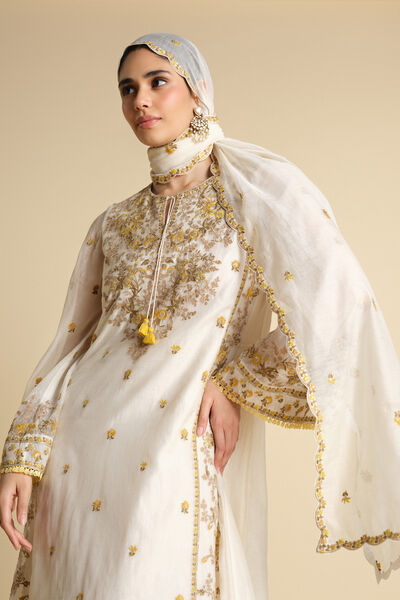 Vriddha Embroidered Mul Stole - Natural