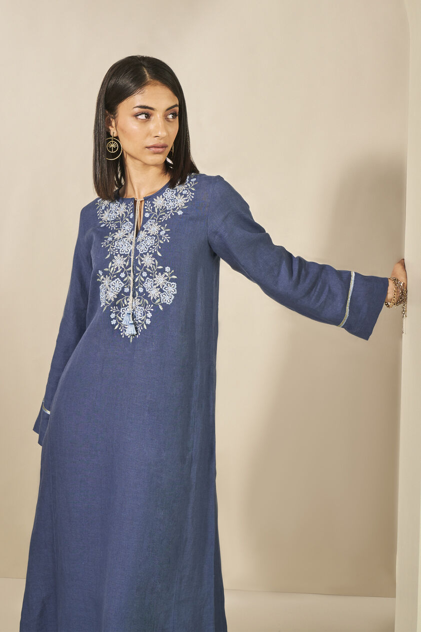 Hyacinth Embroidered Linen Kaftan - Blue, Blue, image 2