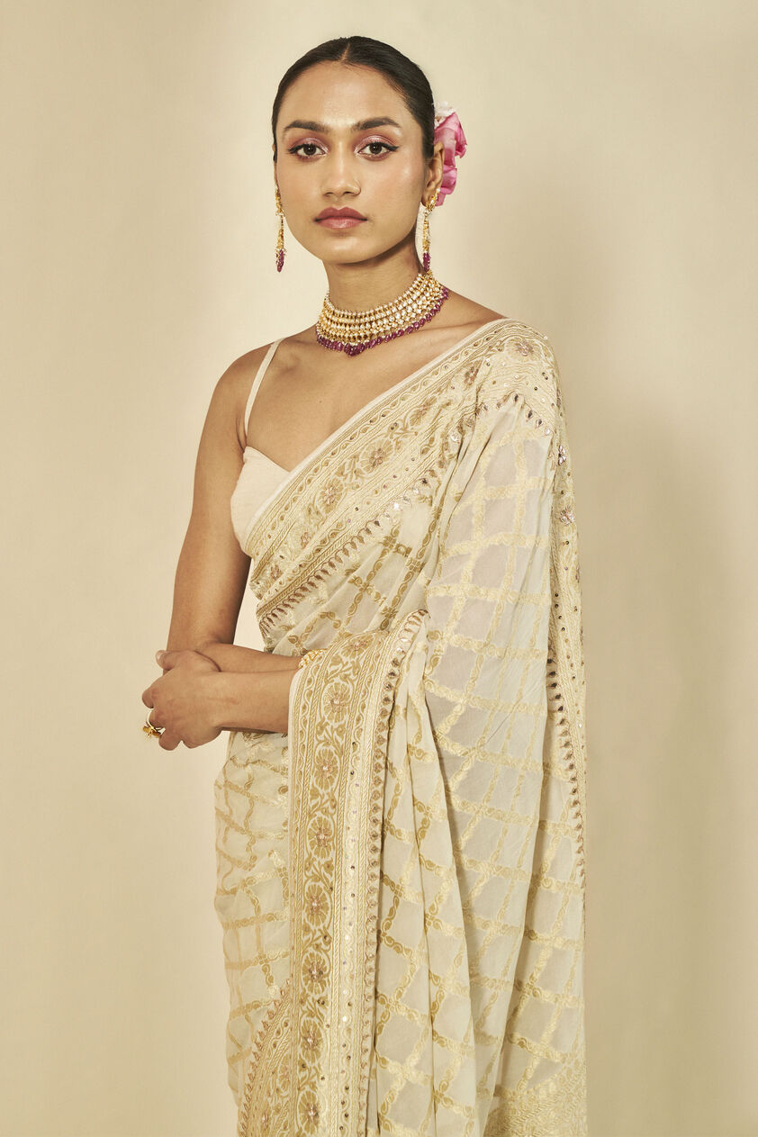 Manjari Benarasi Silk Gota Patti Saree - Cream, Cream, image 3
