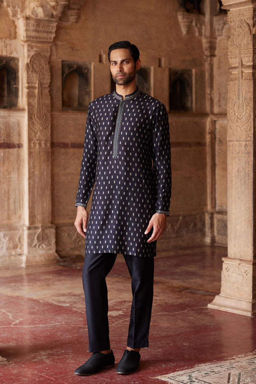 Ashvath Printed Silk Kurta - Black, Black, image 1