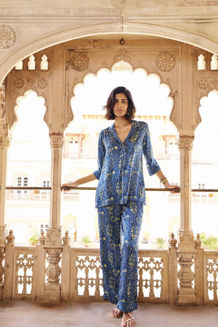 Shoreline Ajrakh Hand-block Printed Coord - Blue, Print, image 1