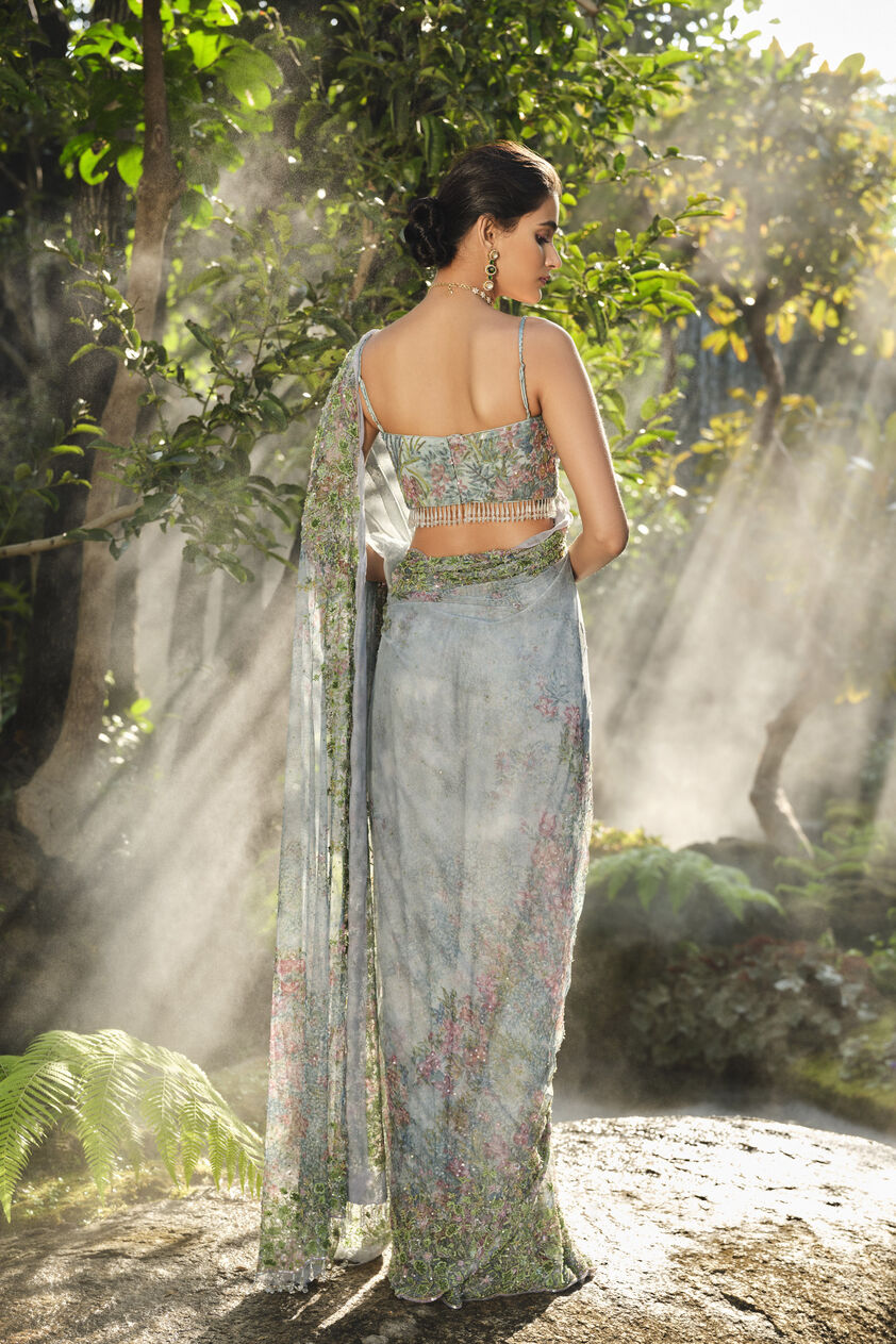 Blooming Meadows Embroidered Saree - Powder Blue, Powder Blue, image 3