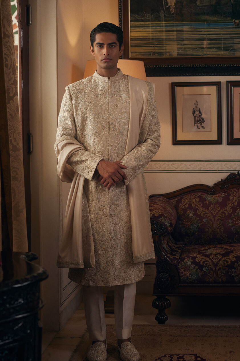 Shahzain Embroidered Silk Dupatta - Ivory, Ivory, image 1