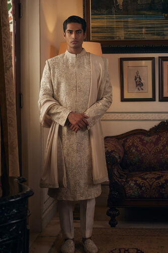 Shahzain Embroidered Silk Dupatta - Ivory, Ivory, image 1