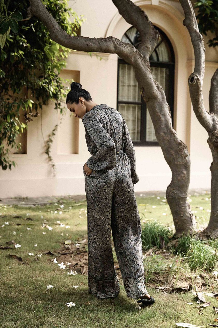 Sweep Ajrakh Hand-block Printed Jumpsuit - Black, Black, image 2