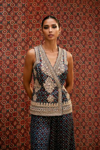 Bahada Ajrakh Hand-block Printed Silk Palazzo Set - Blue, Blue, image 4