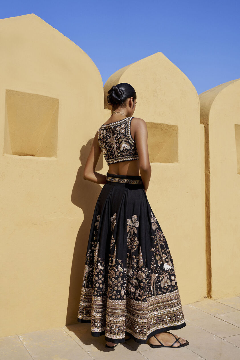 Pride Of The Forest Embroidered Zardozi Silk Skirt Set - Black, Black, image 2