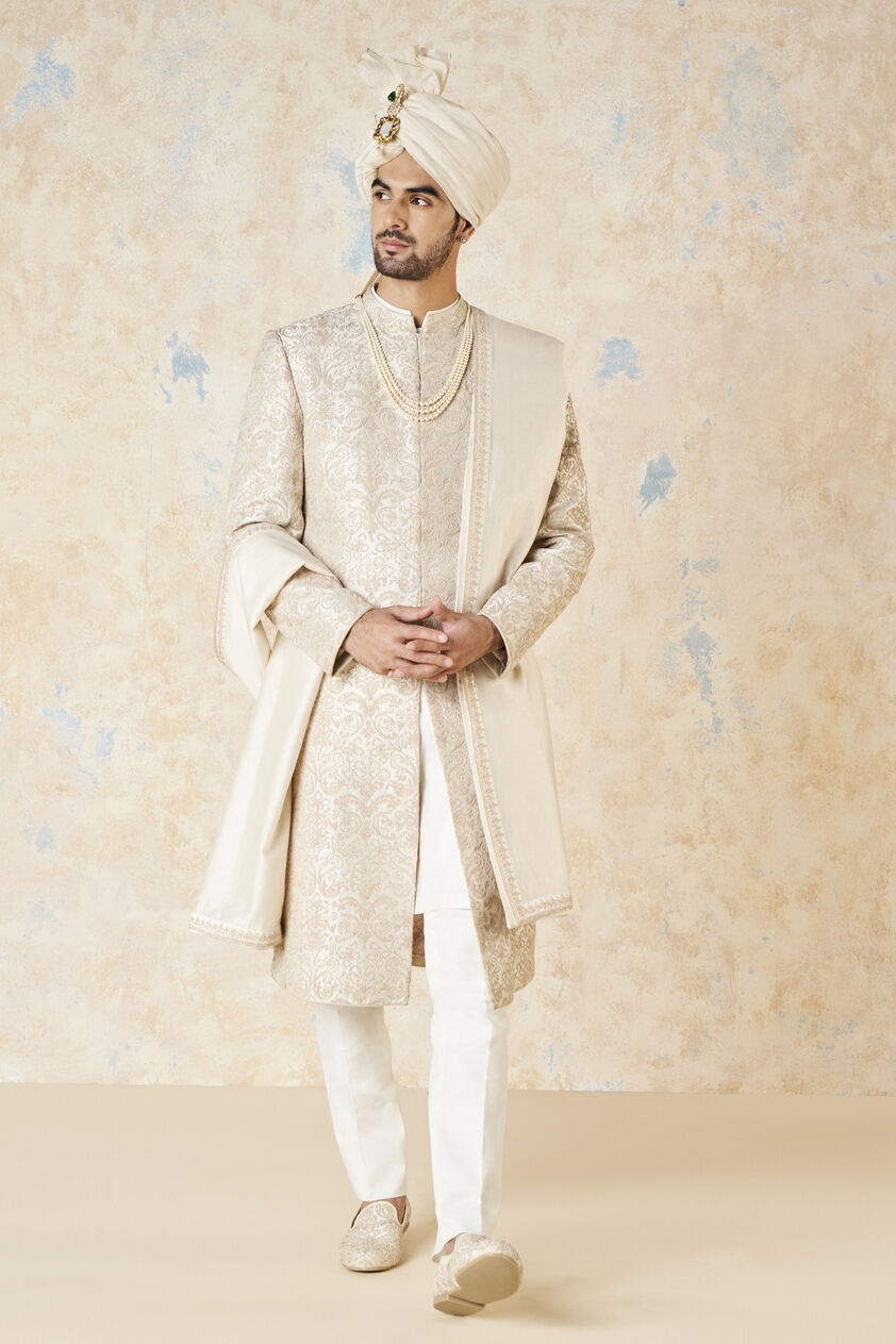 Vehant Embroidered Cord Silk Sherwani - Ivory, Ivory, image 1