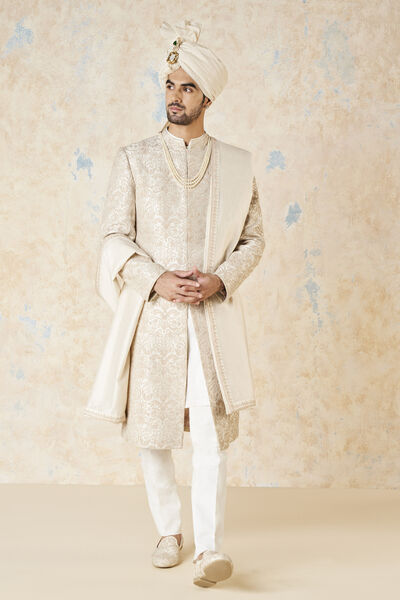 Vehant Embroidered Cord Silk Sherwani - Ivory