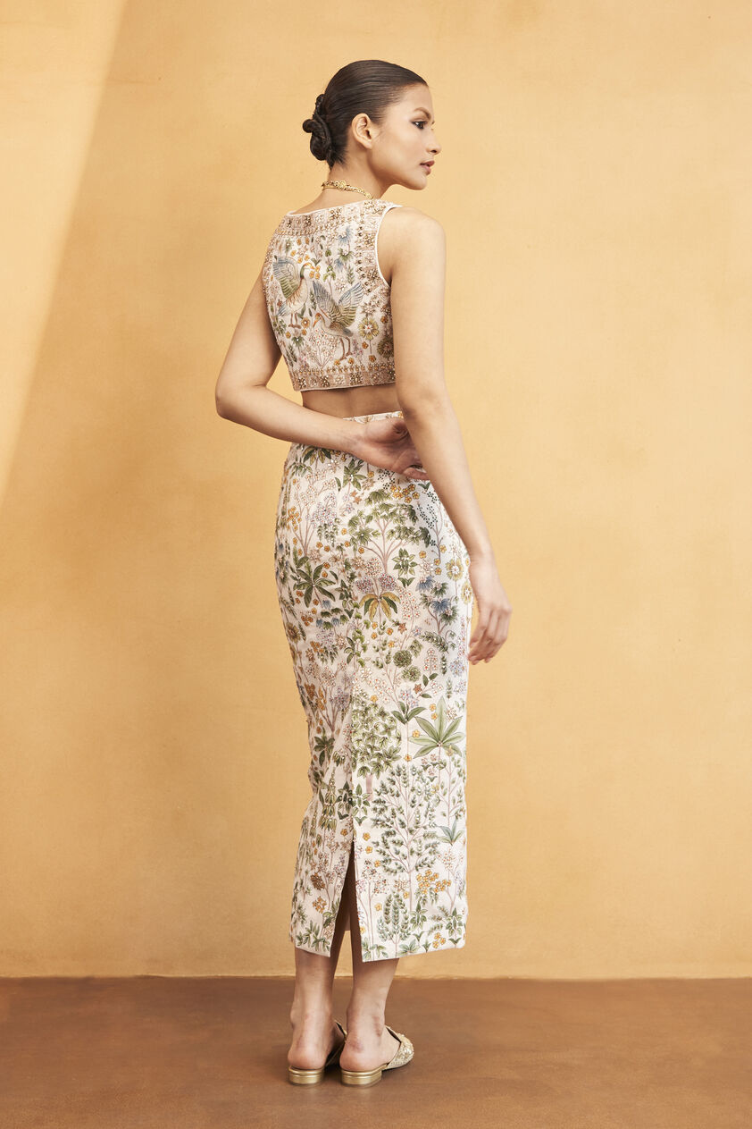 Into The Tropics Hand-painted Pichhwai Silk Skirt Set - Cream, Cream, image 2