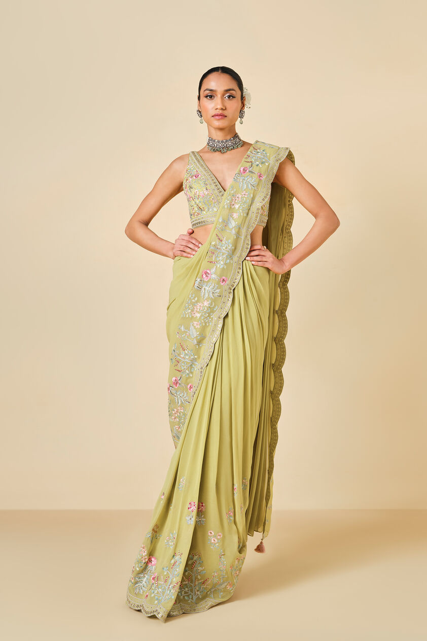 Aadhvita Embroidered Georgette Pre-draped Saree - Lime, Lime, image 1