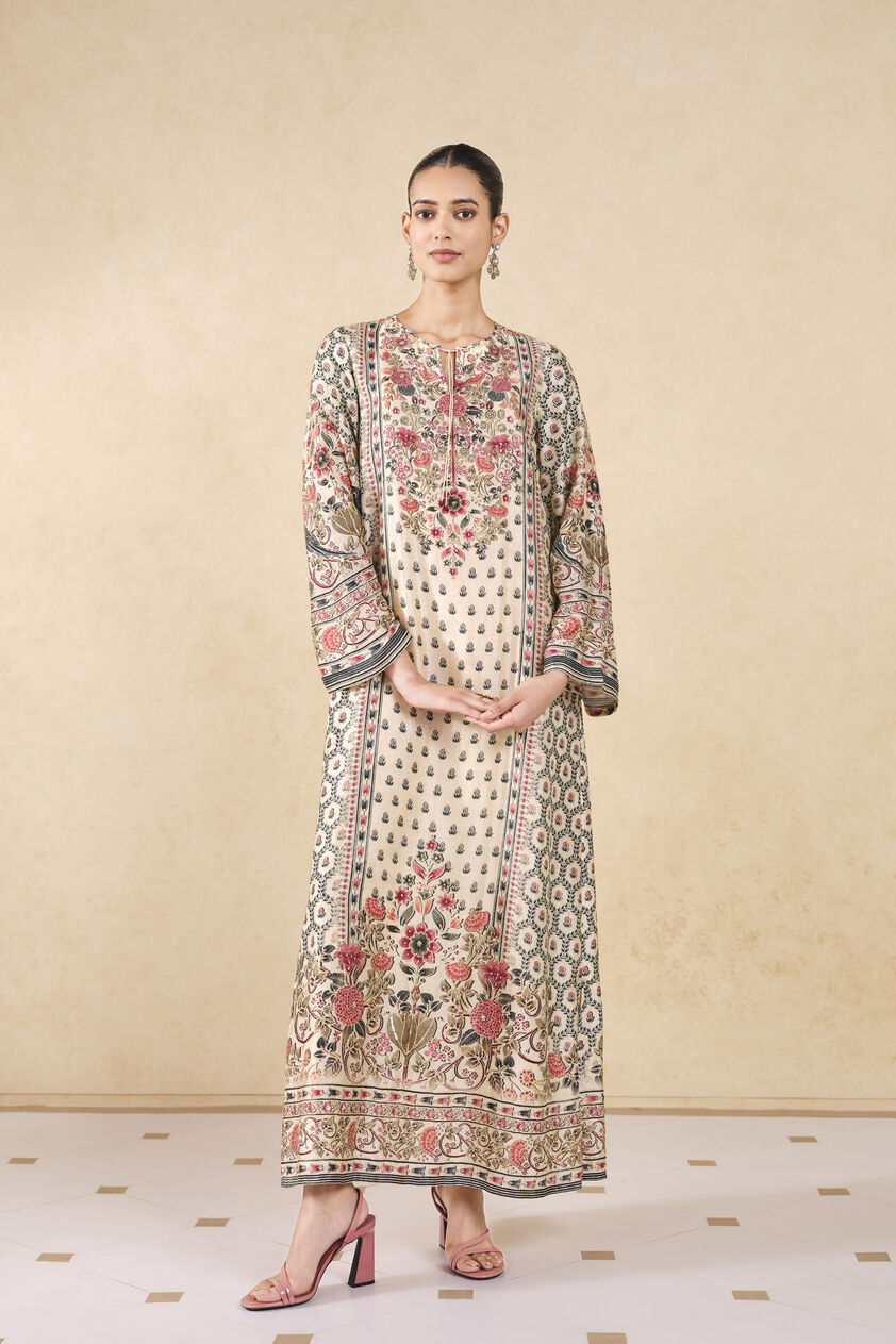 Elia Printed Silk Kaftan - Ivory, Ivory, image 1