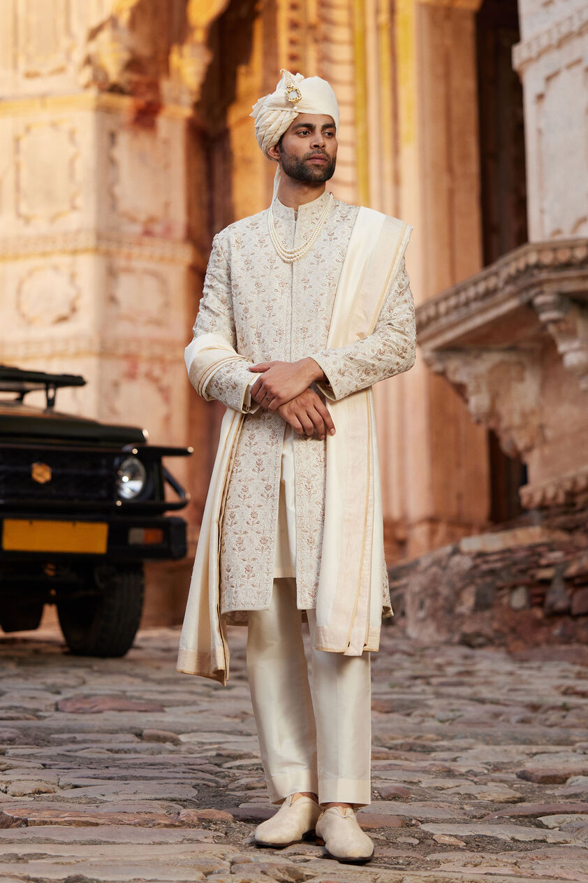 Devarsh Gota Patti & Aari Silk Sherwani - Ivory, Ivory, image 1