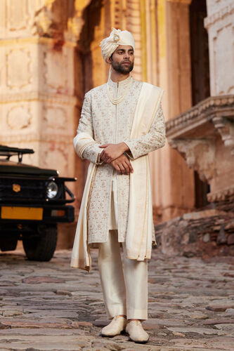 Devarsh Gota Patti & Aari Silk Sherwani - Ivory, Ivory, image 1
