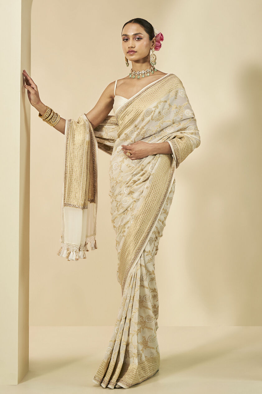 Aaradhana Benarasi Silk Embroidered Saree, Cream, image 1