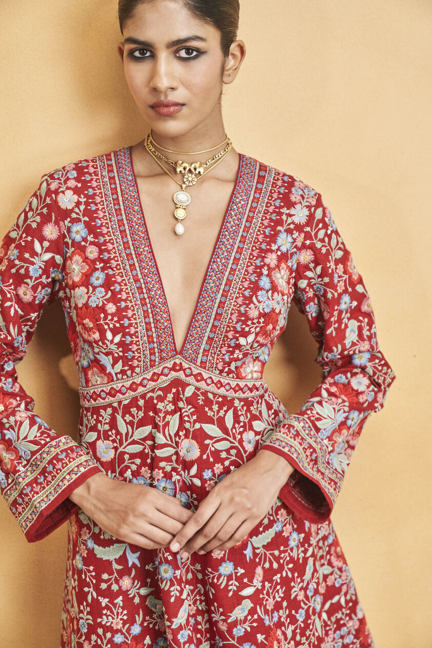 Floral Ballad Embroidered Zardozi Silk Kurta Set - Red, Red, image 7