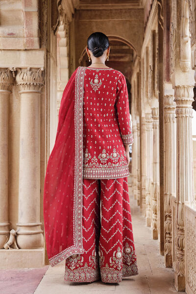 Maalavi Embroidered Cord Silk Suit Set - Red