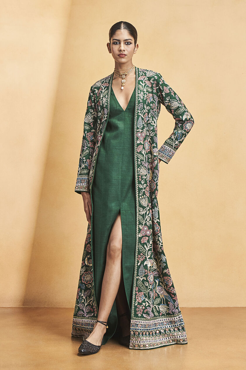 Blooming Wildforest SEWA Hand-embroidered Silk Jacket Set - Green, Green, image 6