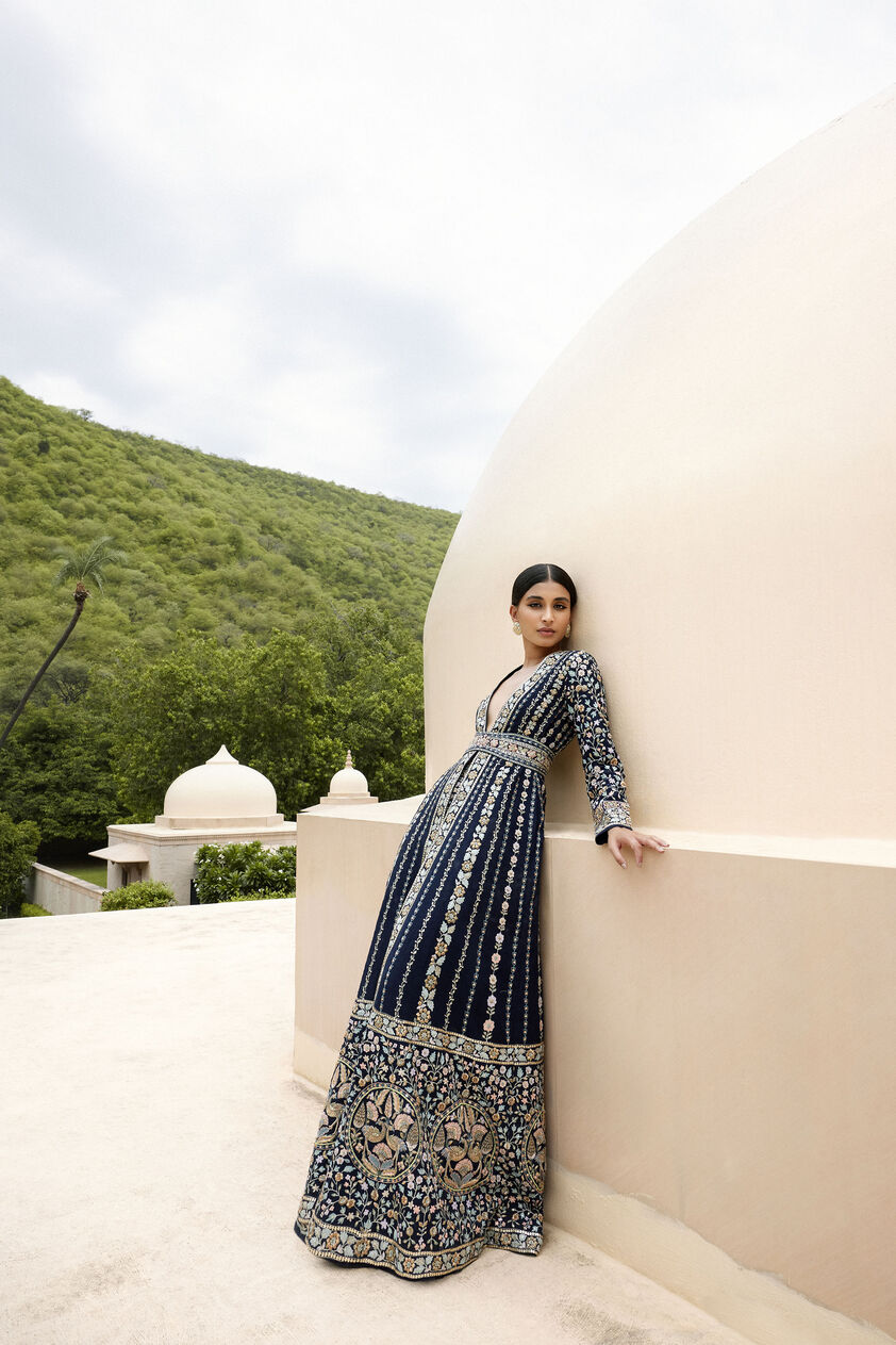 Akila Zardozi & Resham Silk Jacket Set - Navy Blue, Navy Blue, image 1