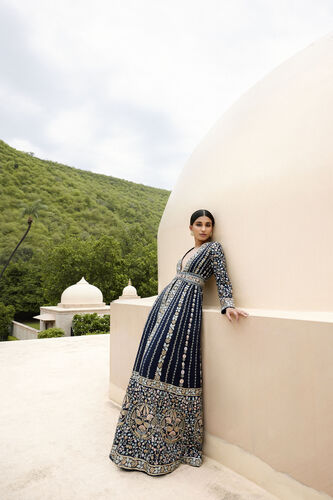 Akila Zardozi & Resham Silk Jacket Set - Navy Blue, Navy Blue, image 1