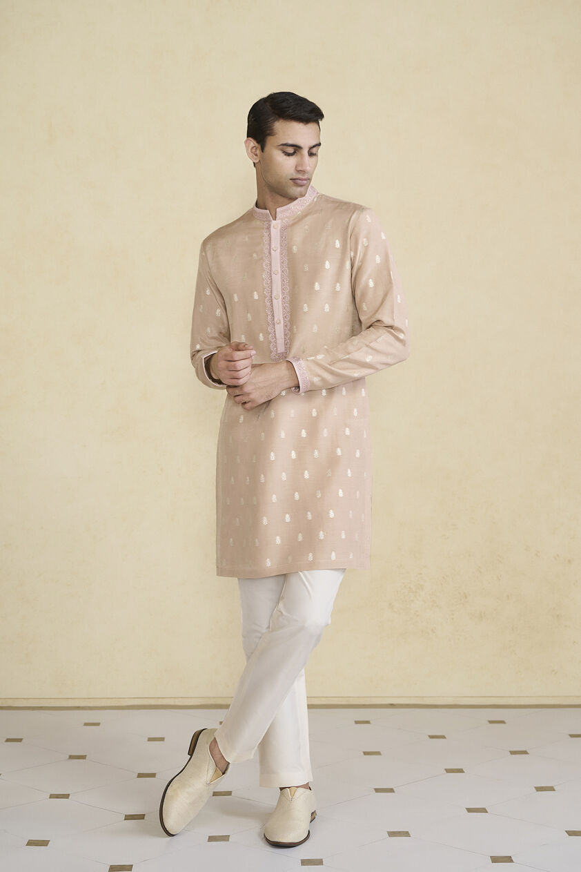 Vinil Handwoven Benarasi Silk Kurta - Pink, Pink, image 1