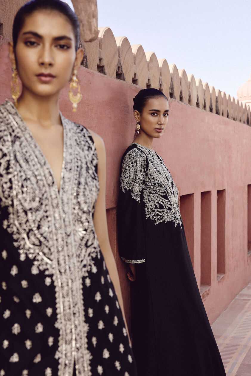 Sehrish Hand-embroidered Aari Silk Kaftan - Black, Black, image 5