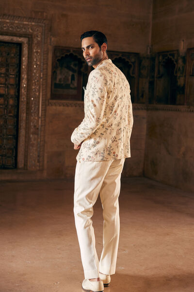 Suhan Printed Silk Bandhgala - Cream