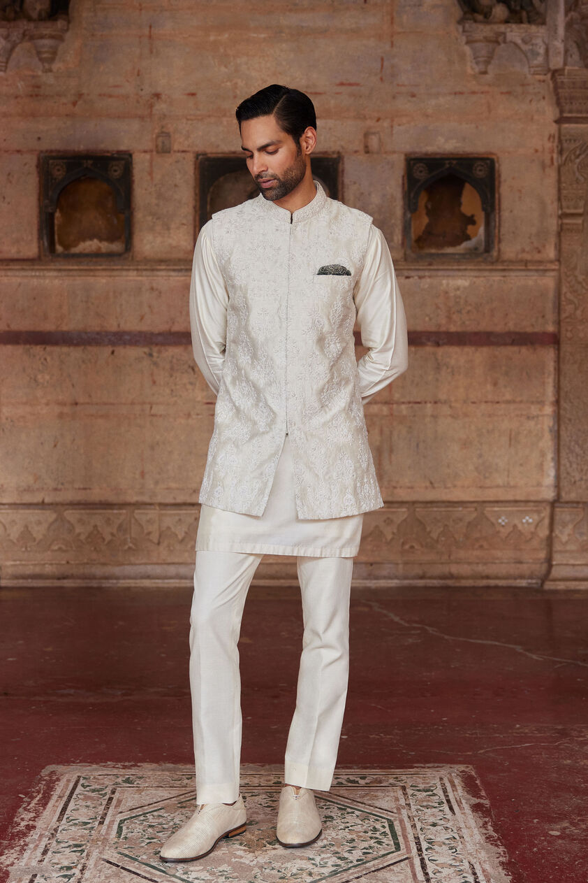 Palaksh Hand-embroidered Silk Nehru Jacket - Ivory, Ivory, image 1