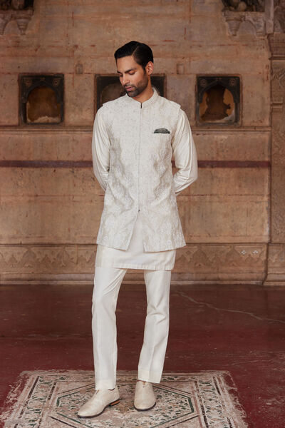 Palaksh Hand-embroidered Silk Nehru Jacket - Ivory