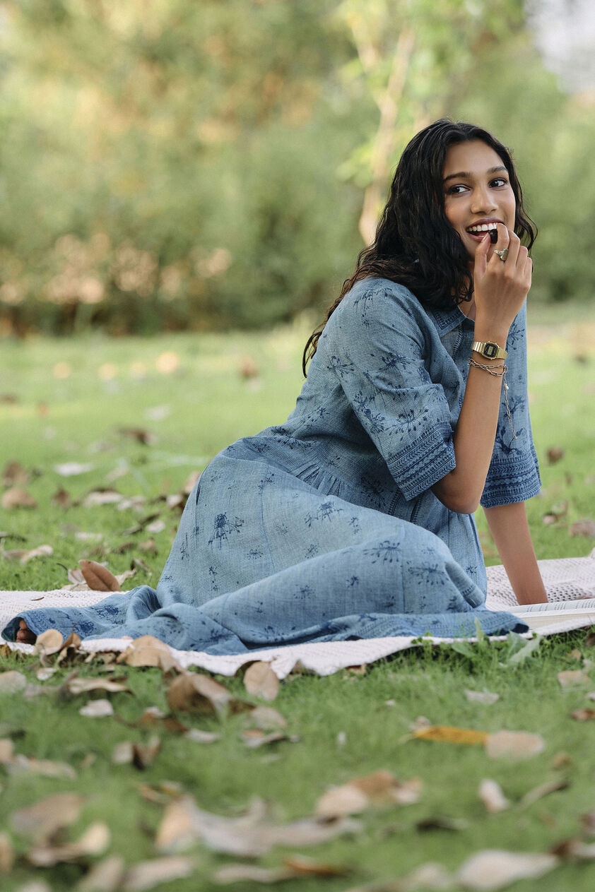 Pond Printed Linen Dress - Blue, Blue, image 4