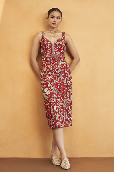 Ballad Of The Wild Hand-painted Pichhwai Silk Dress - Red
