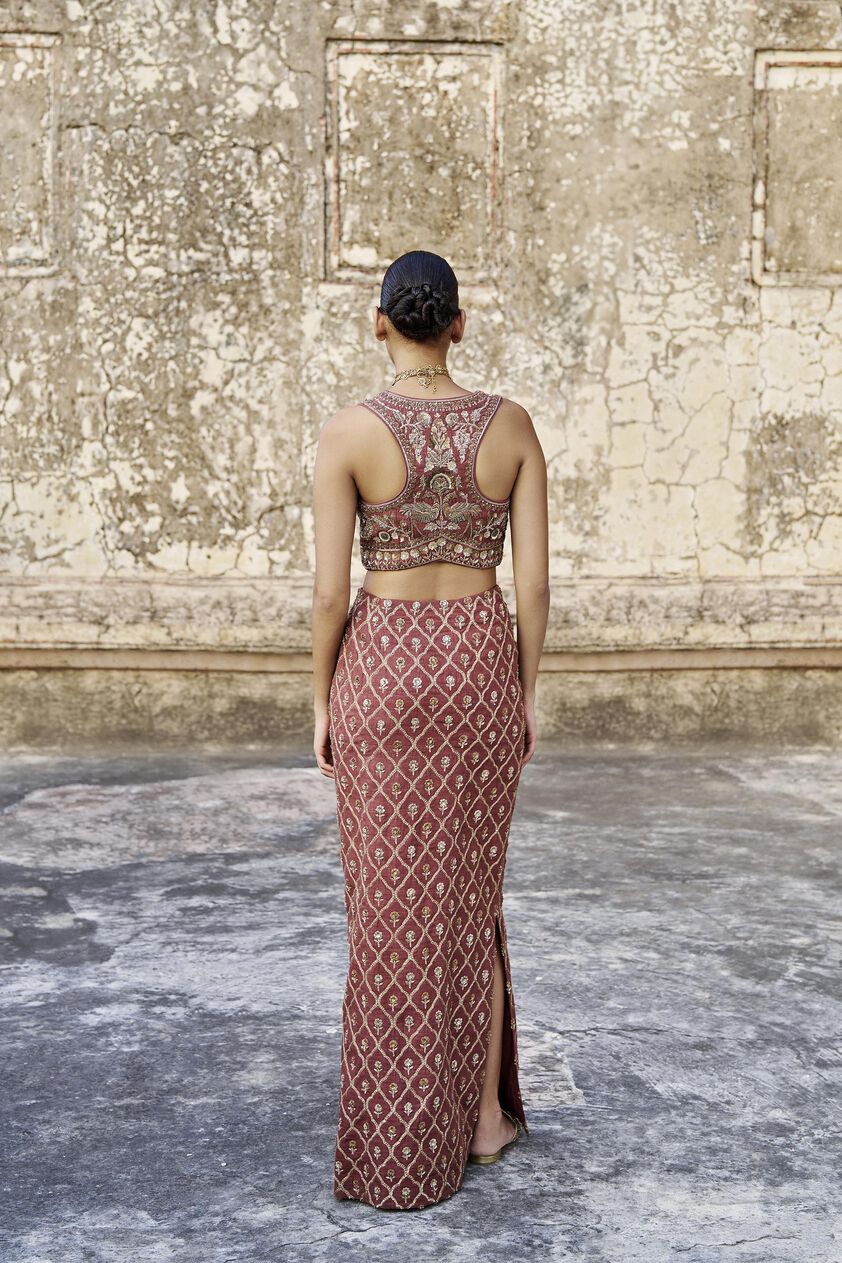 Ballad Of The Woods Embroidered Zardozi Silk Skirt Set - Brown, Brown, image 2