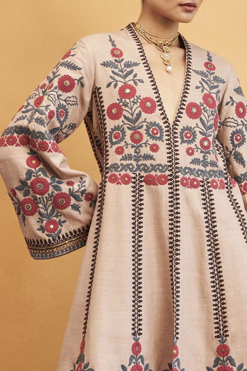 Flowers Of the Forest Zardozi & Cord Silk Kurta Set - Hazelnut, Hazelnut, image 3