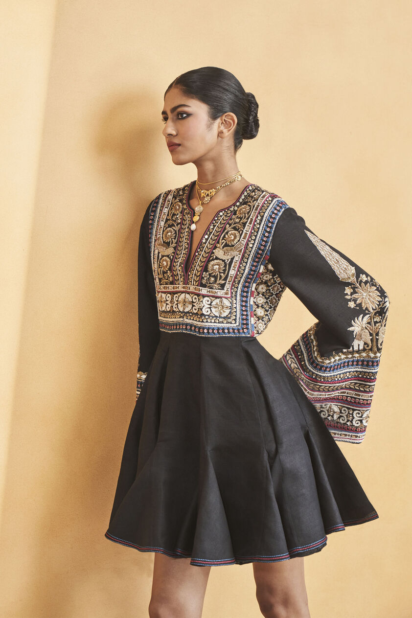 From The Wilderness Embroidered Zardozi Silk Dress - Black, Black, image 4