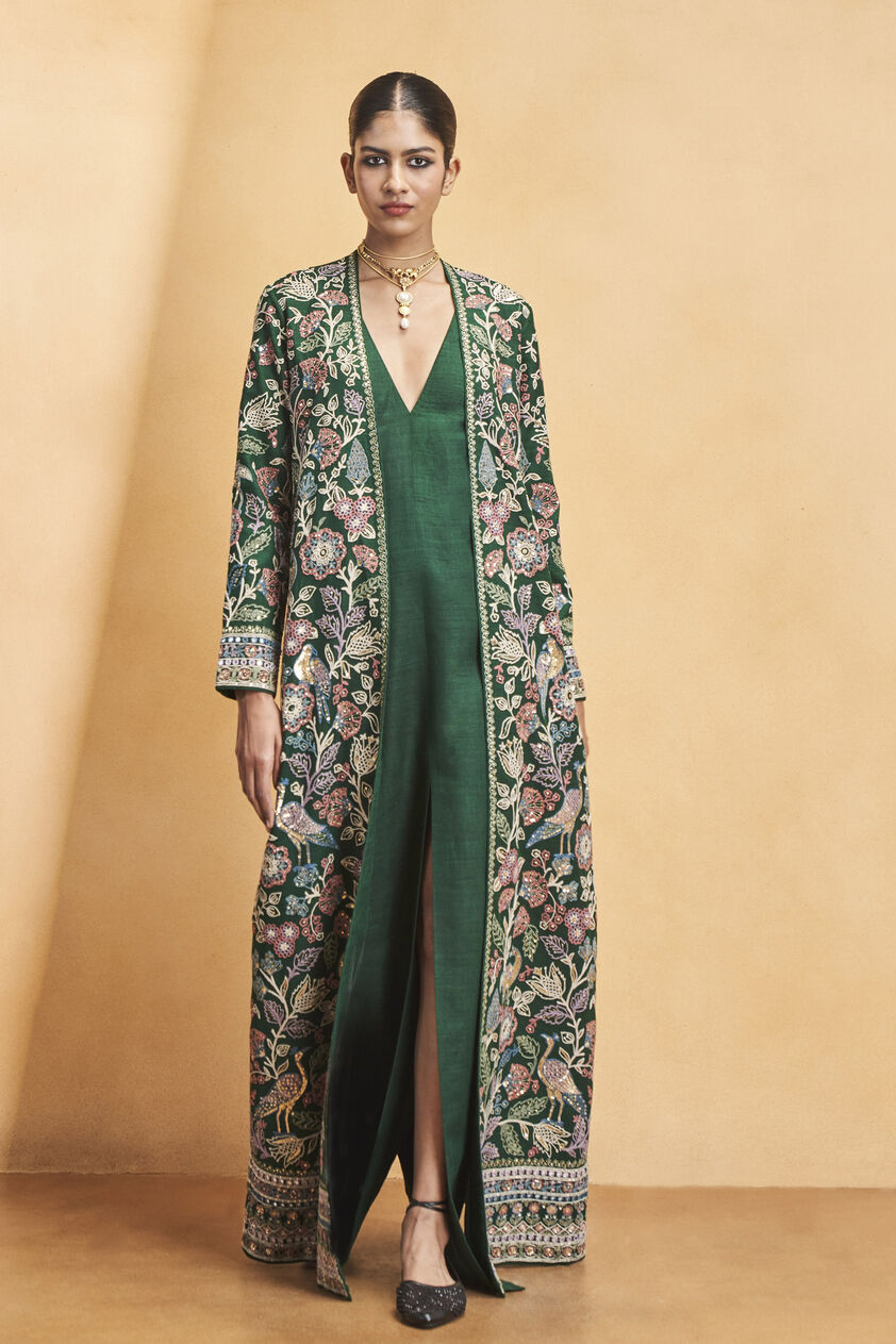 Blooming Wildforest SEWA Hand-embroidered Silk Jacket Set - Green, Green, image 1