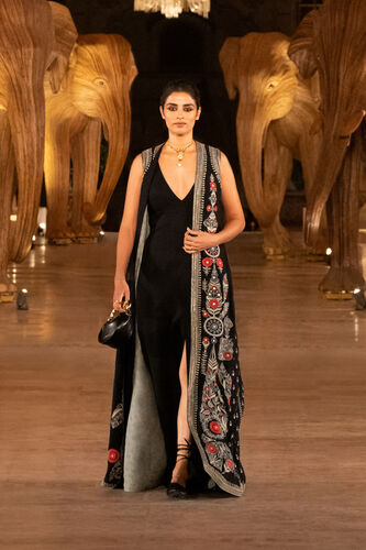 Symphony Of Flowers Embroidered Zardozi Silk Jacket Set - Black, Black, image 11