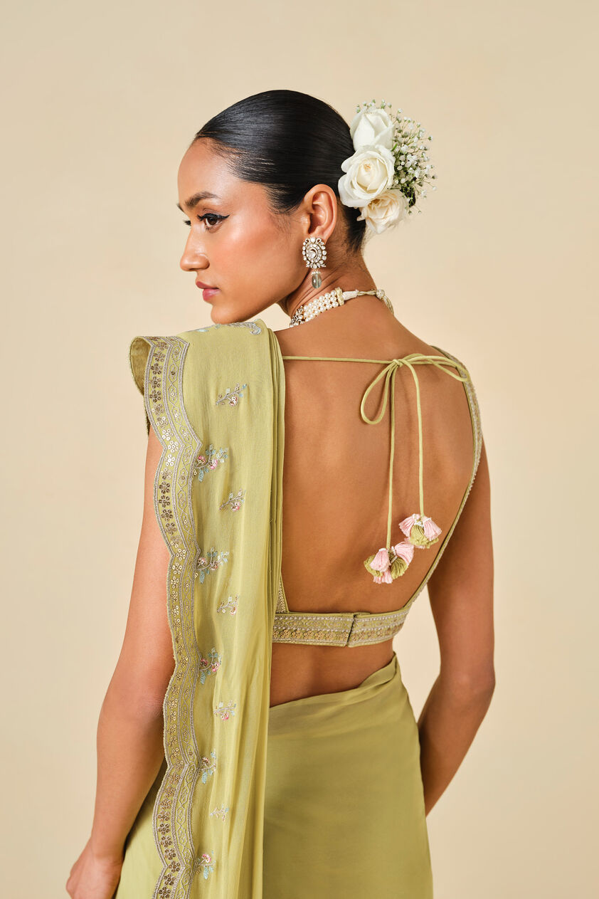 Aadhvita Embroidered Georgette Pre-draped Saree - Lime, Lime, image 6