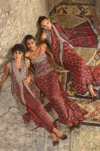 Bhuvi Ajrakh Hand-block Printed Fringe Silk Tabard Set  - Red, Red, image 3