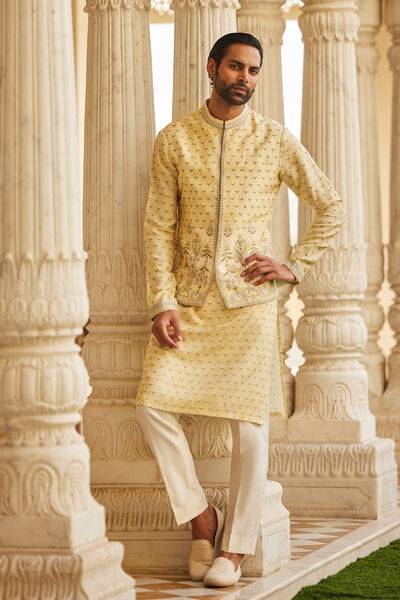 Bourag Silk Nehru Jacket - Yellow