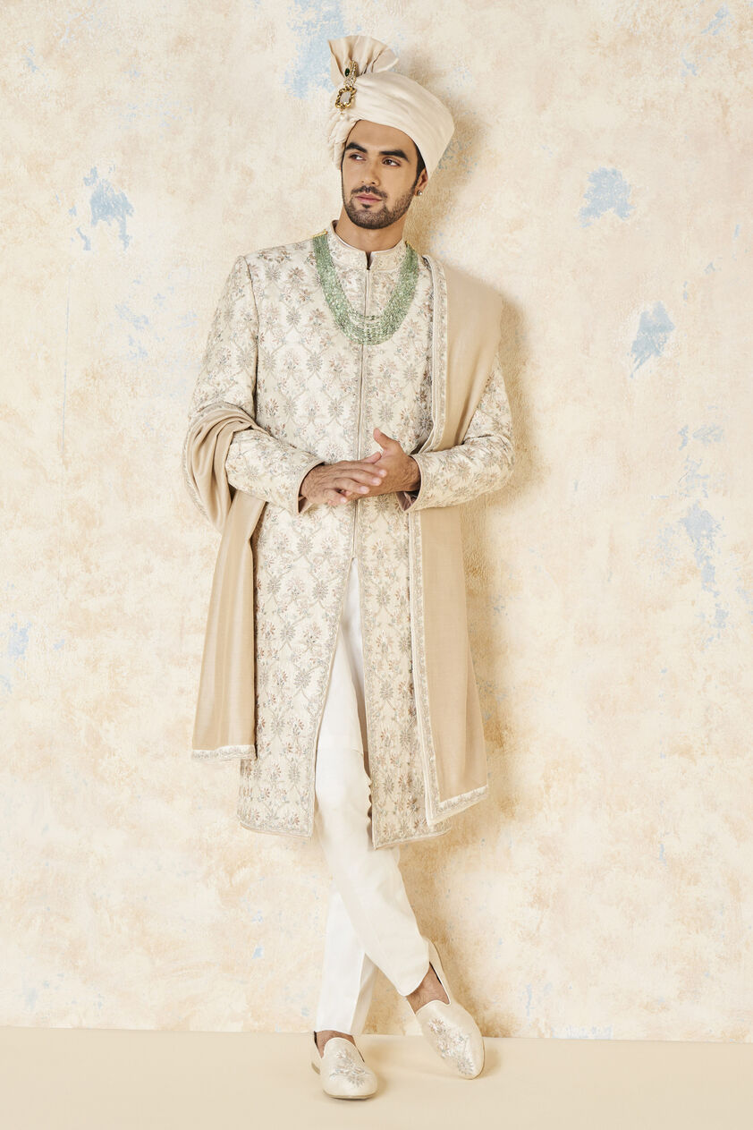 Aasvik Embroidered Silk Sherwani - Ivory, Ivory, image 1