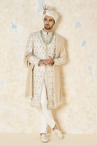 Aasvik Embroidered Silk Sherwani - Ivory, Ivory, image 1
