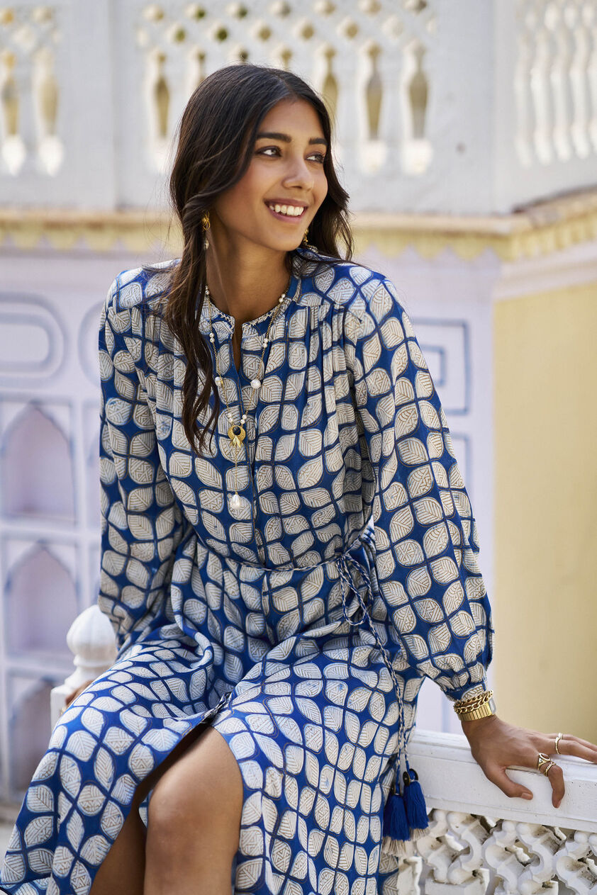 Fresco Hand-block Print & Gold Khadi Dress - Indigo, Indigo, image 4