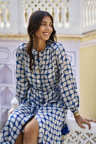 Fresco Hand-block Print & Gold Khadi Dress - Indigo, Indigo, image 4