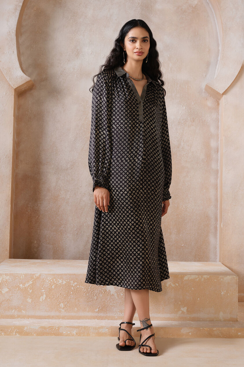Myrsky Ajrakh Hand-block Printed Dress - Black, Black, image 1