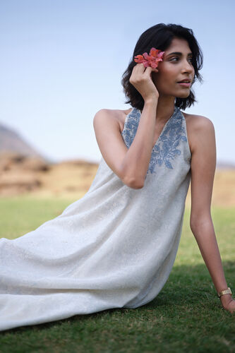 Aves Hand-block Printed Mul Dress - Blue, White, image 4