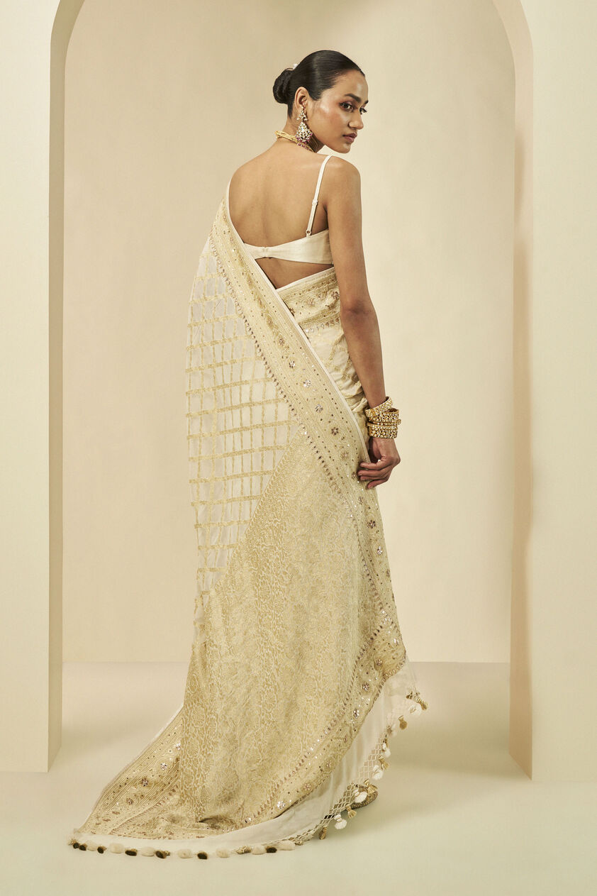 Manjari Benarasi Silk Gota Patti Saree - Cream, Cream, image 4