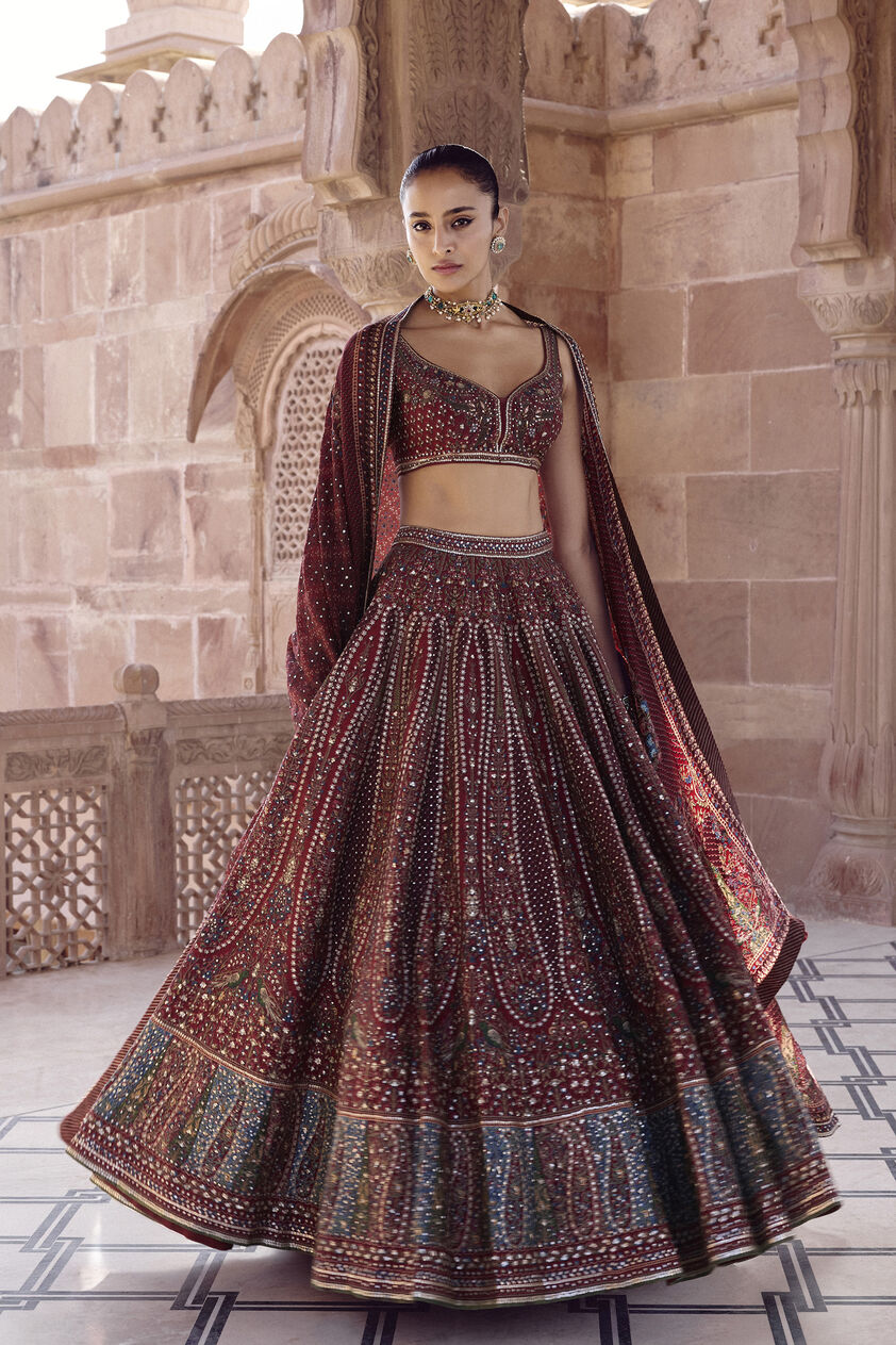 Amalaka Silk Lehenga Set - Deep Red, Red, image 1