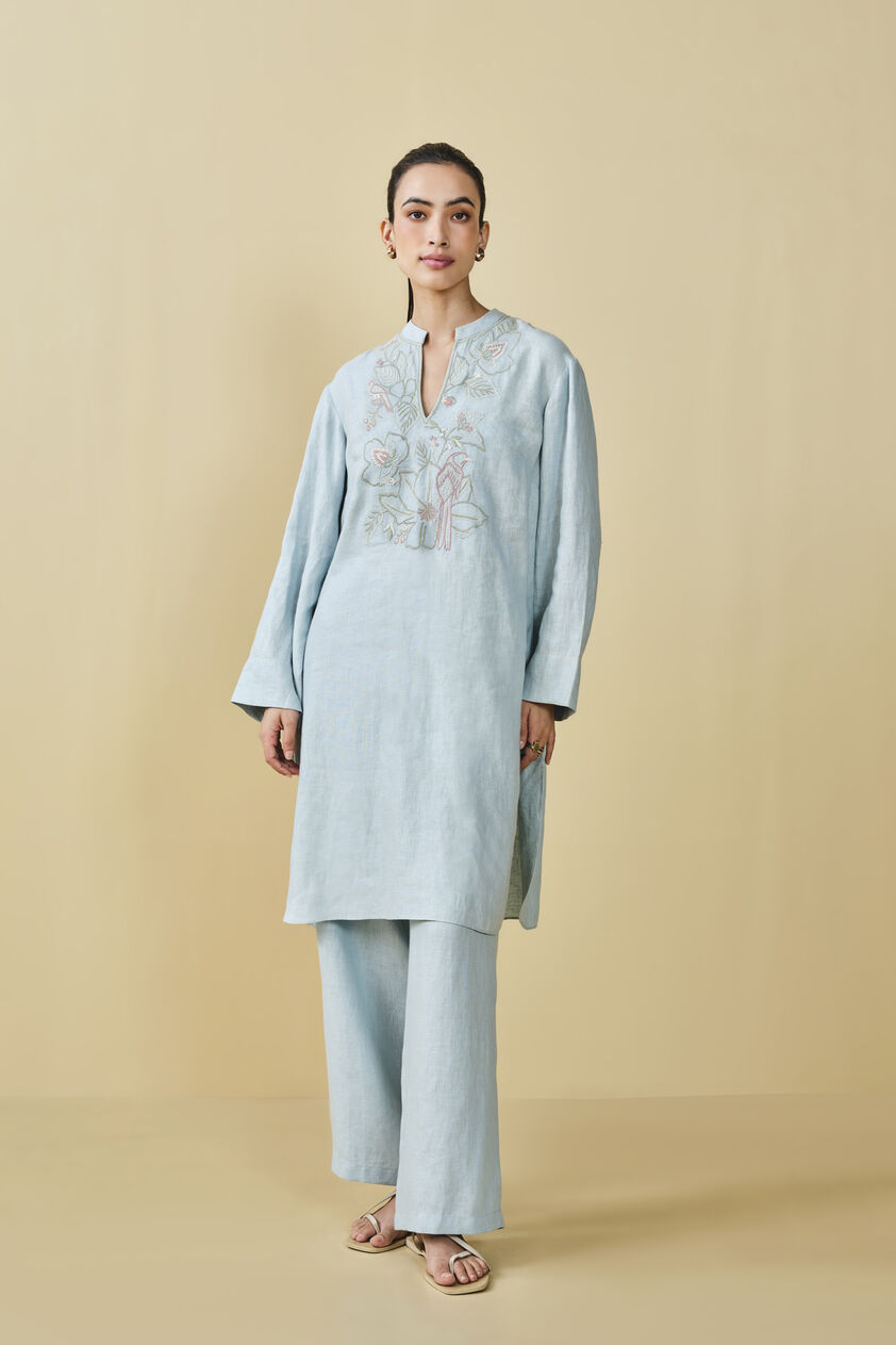 Peek Into The Trees Embroidered Hemp Kurta Set - Powder Blue, Powder Blue, image 1