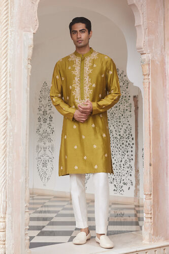 Jagan Embroidered Silk Kurta  - Lime, Lime, image 1